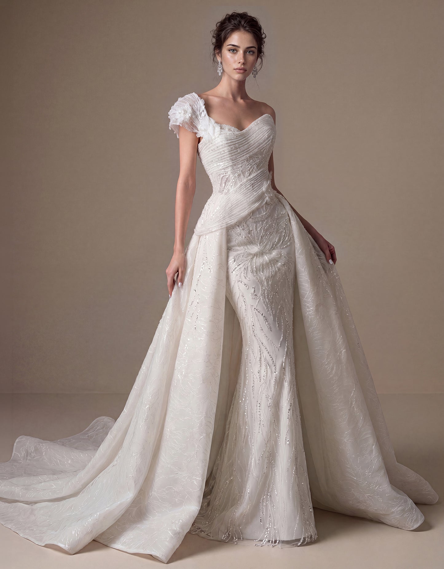 Draped Shoulder Bridal Gown with Detachable Overskirt