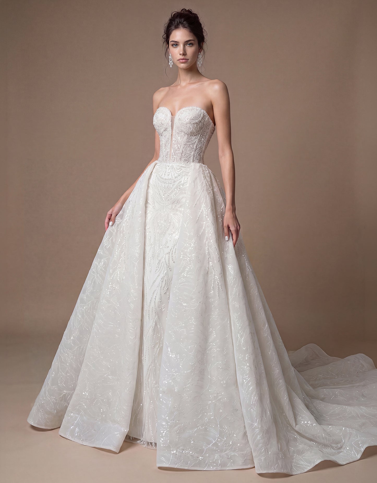 Embroidered Bridal Gown with Detachable Overskirt