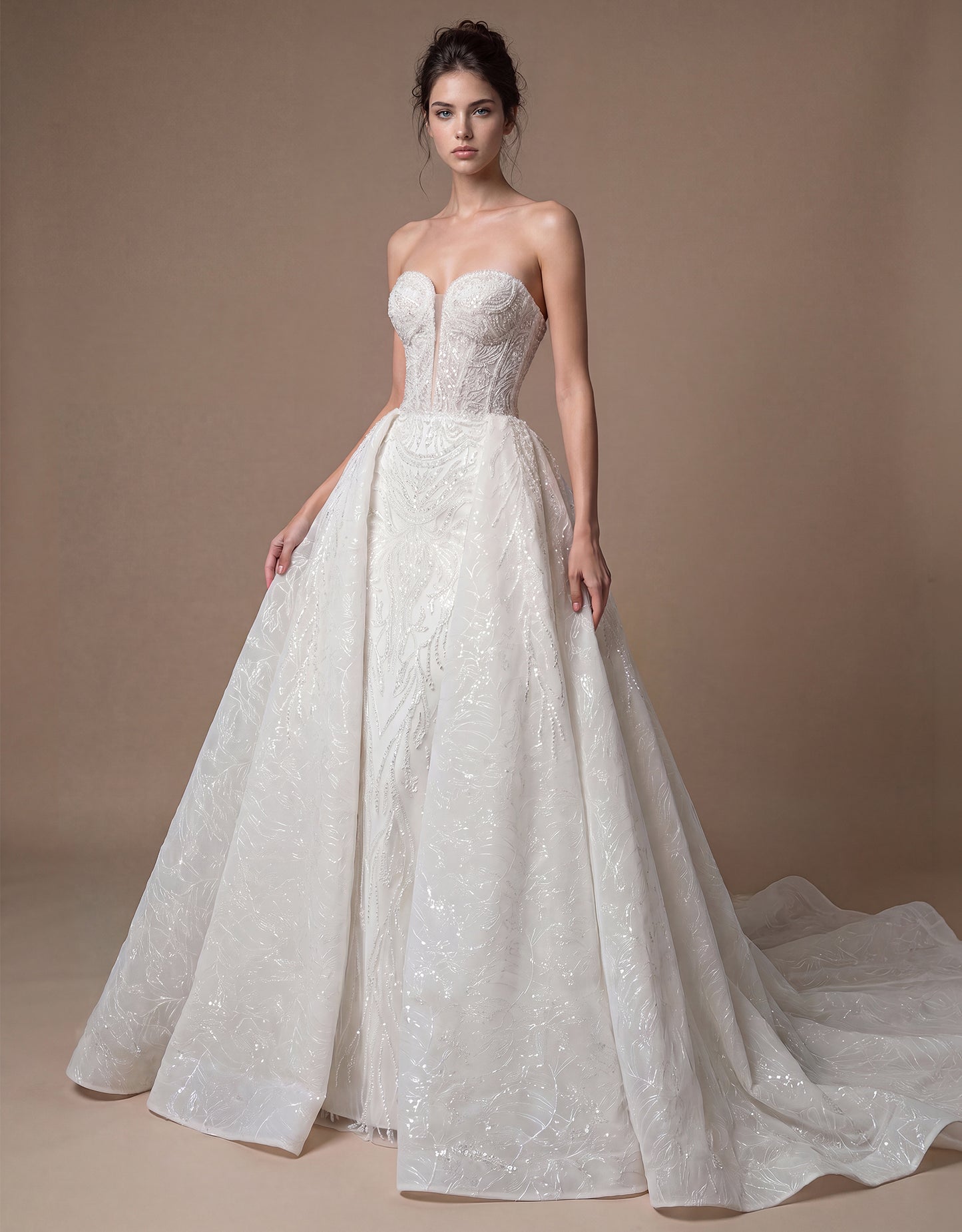 Draped Shoulder Bridal Gown with Detachable Overskirt