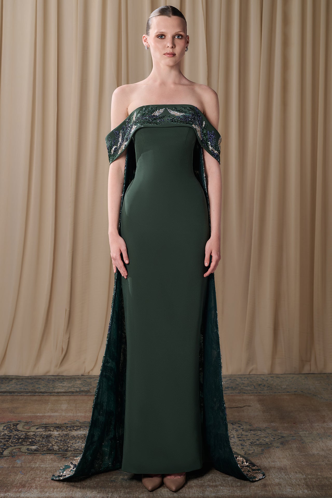 Off-Shoulder Crepe Gown with Embroidered Cape Back