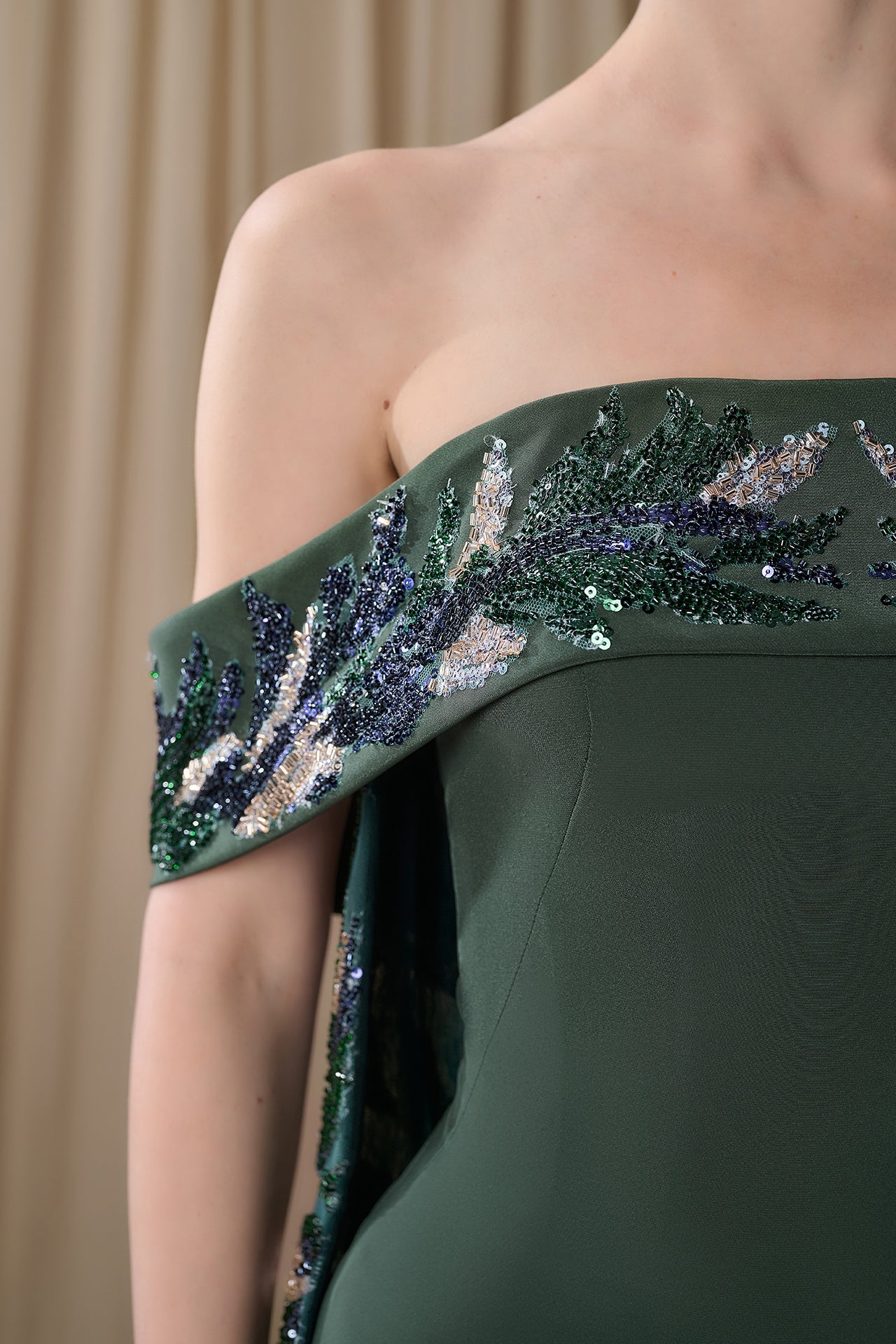 Off-Shoulder Crepe Gown with Embroidered Cape Back
