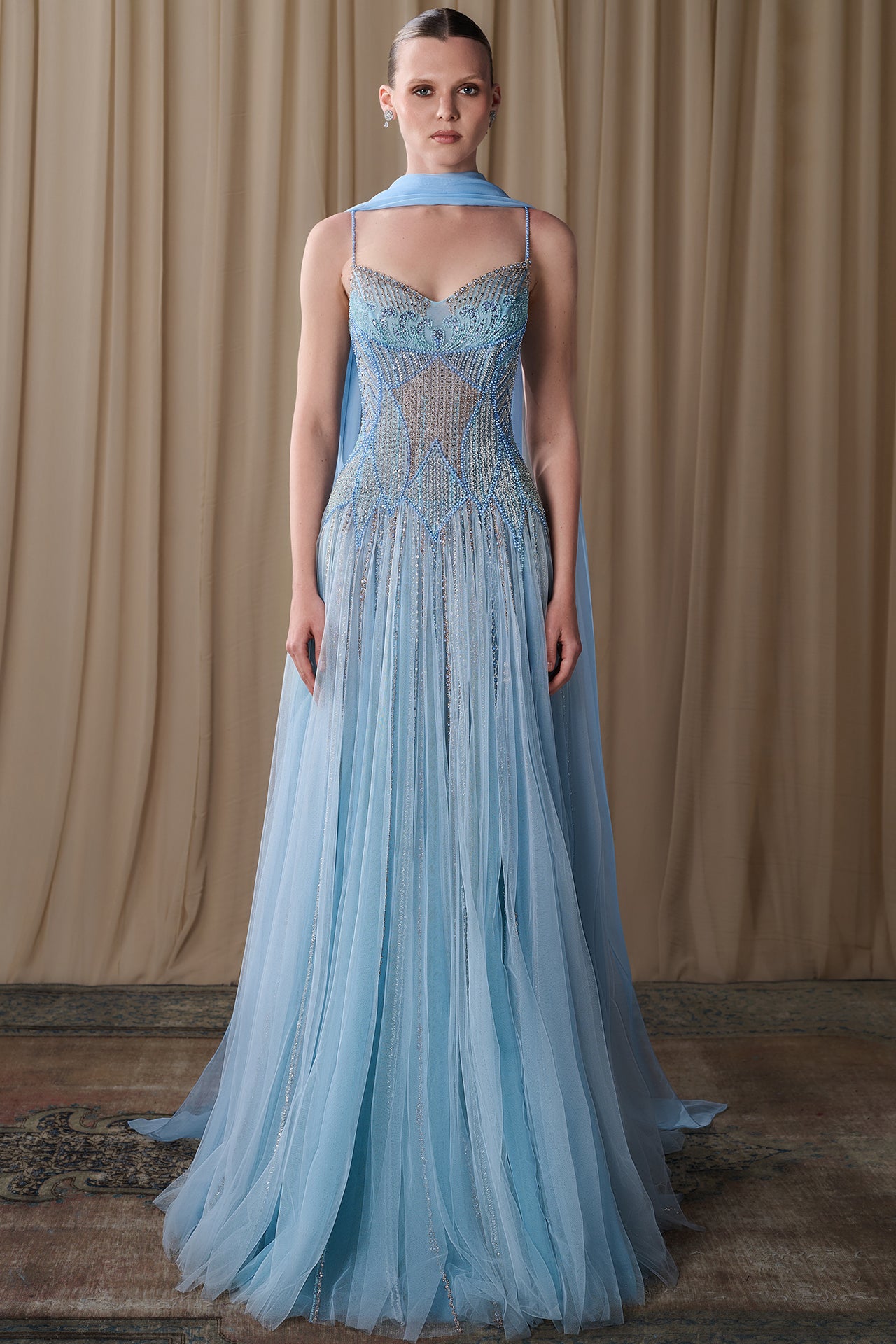 Embroidered Tulle Gown with Draped Chiffon Cape