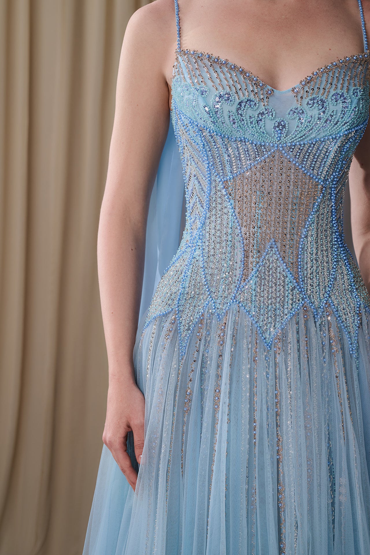 Embroidered Tulle Gown with Draped Chiffon Cape