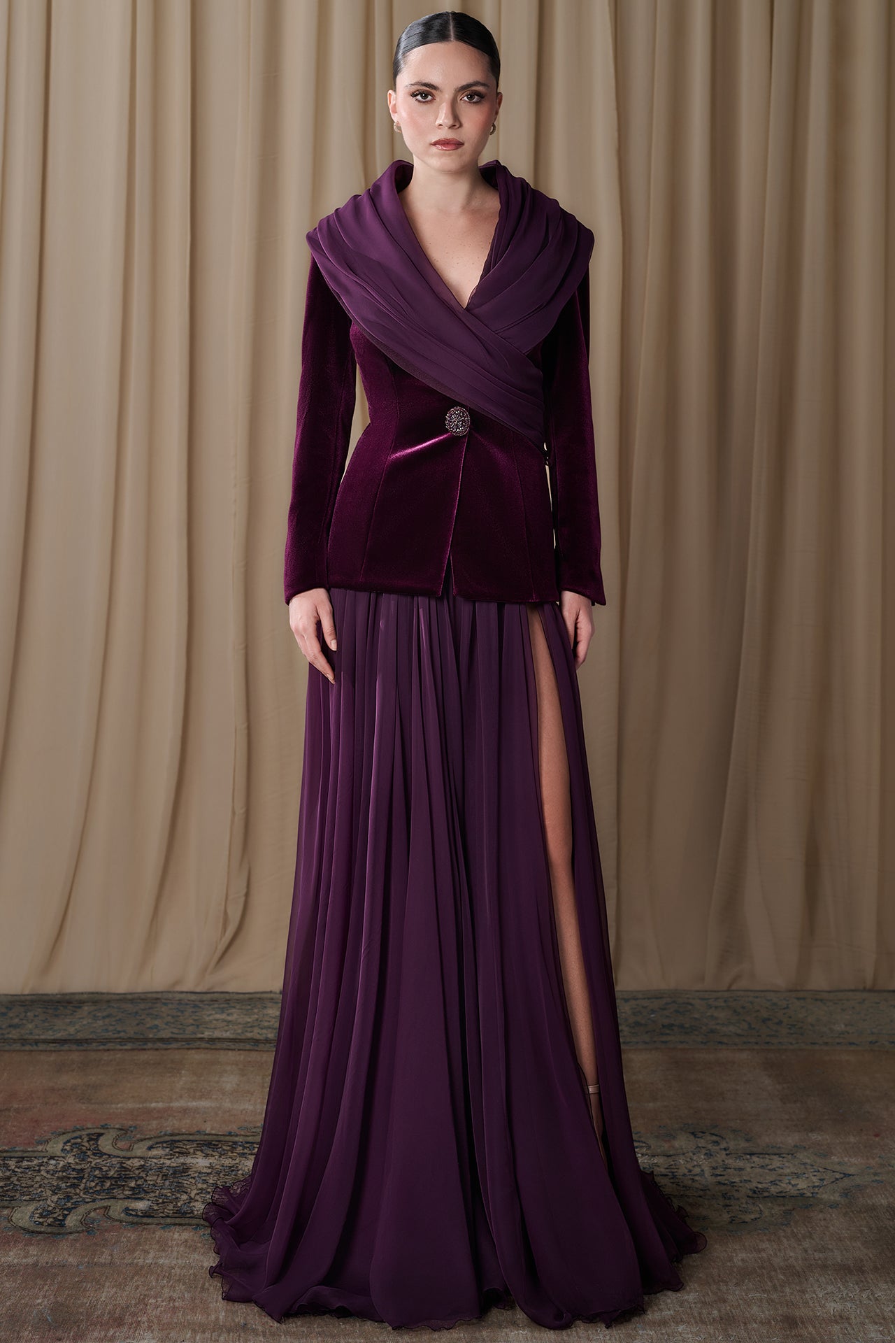 Velvet Jacket with Pleated Chiffon Skirt