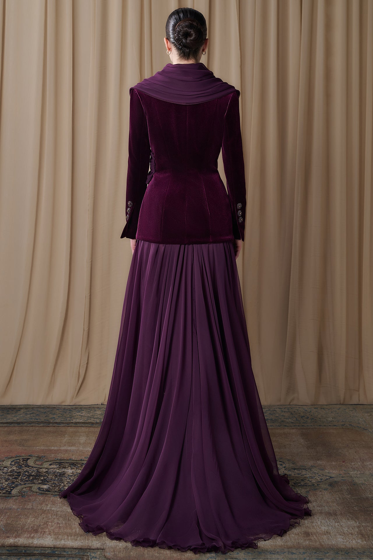 Velvet Jacket with Pleated Chiffon Skirt
