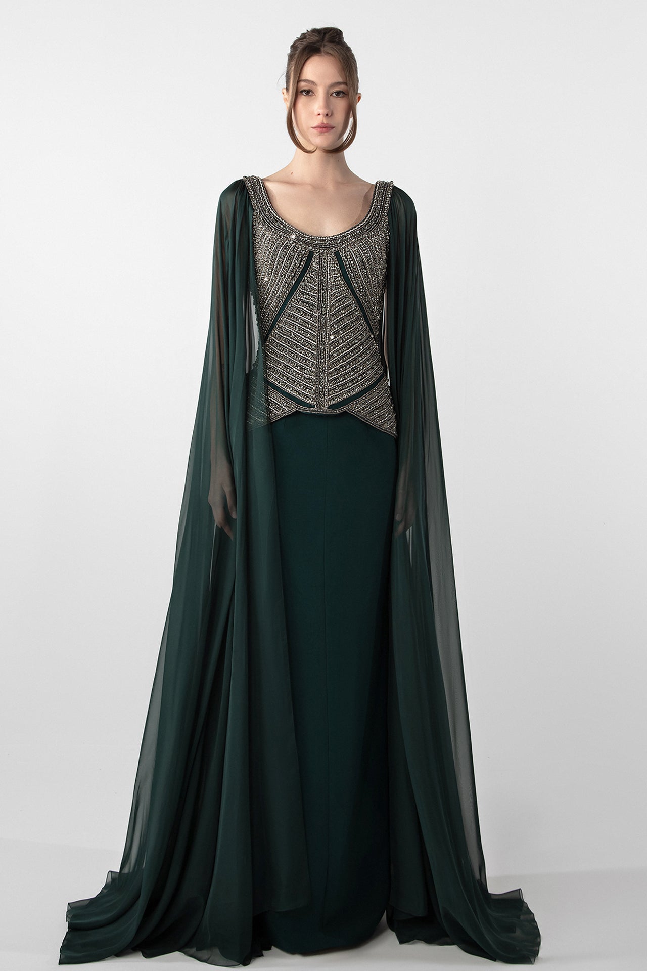 Off-Shoulder Draped Gown with Organza Flowers