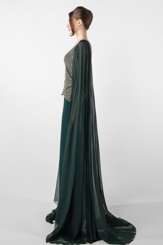 Off-Shoulder Draped Gown with Organza Flowers