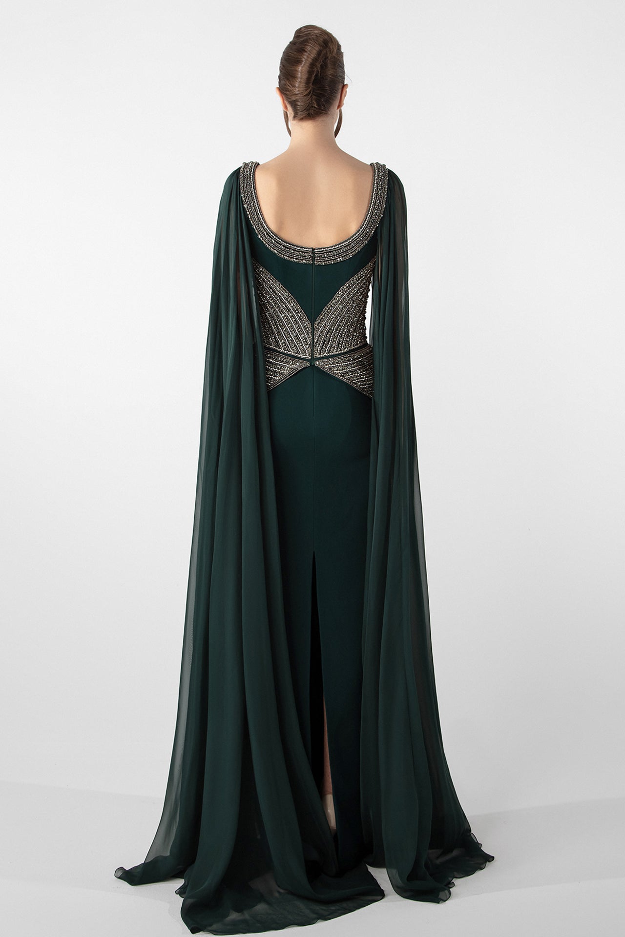 Off-Shoulder Draped Gown with Organza Flowers