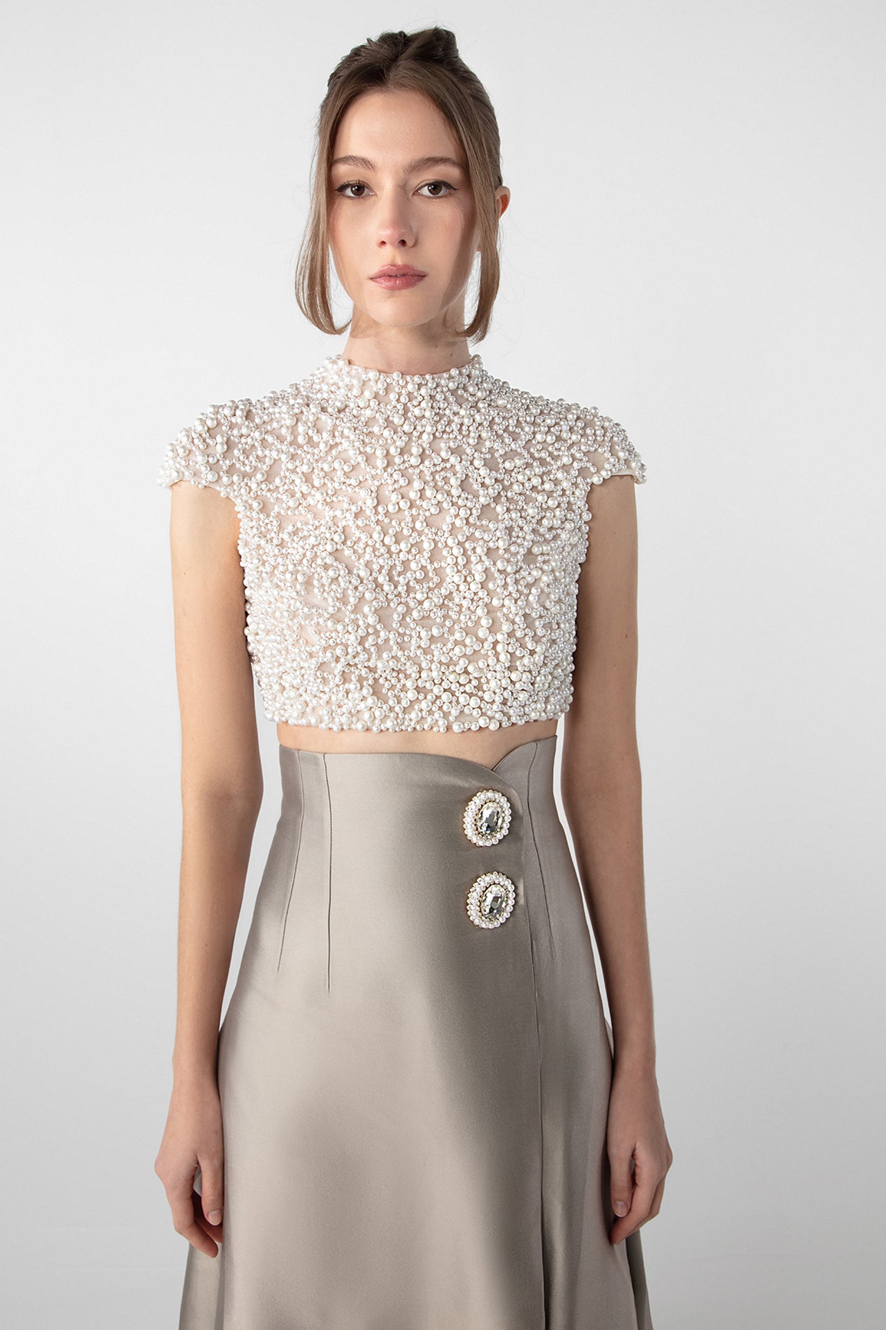 Hand-Embroidered Pearl Top and Mikado Skirt Set