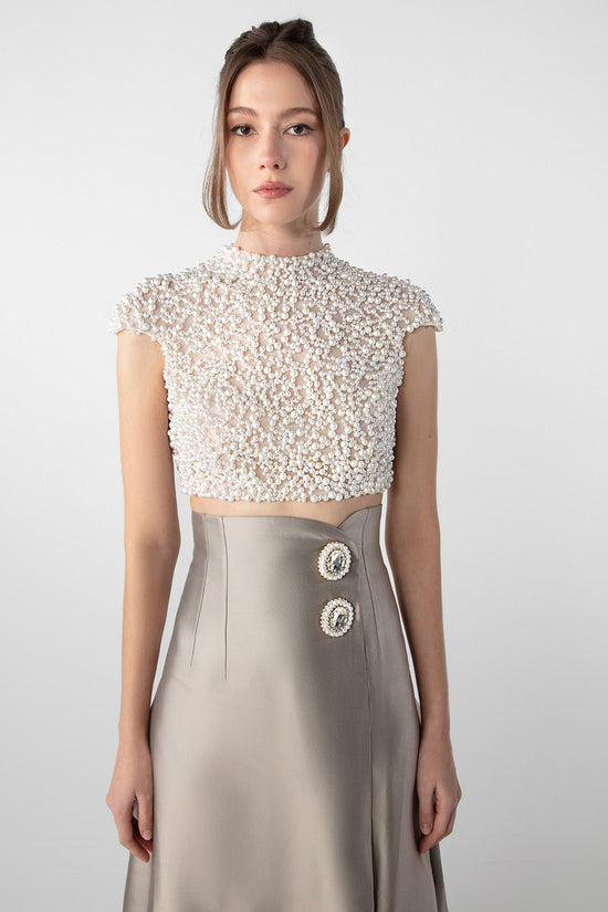 Hand-Embroidered Pearl Top and Mikado Skirt Set