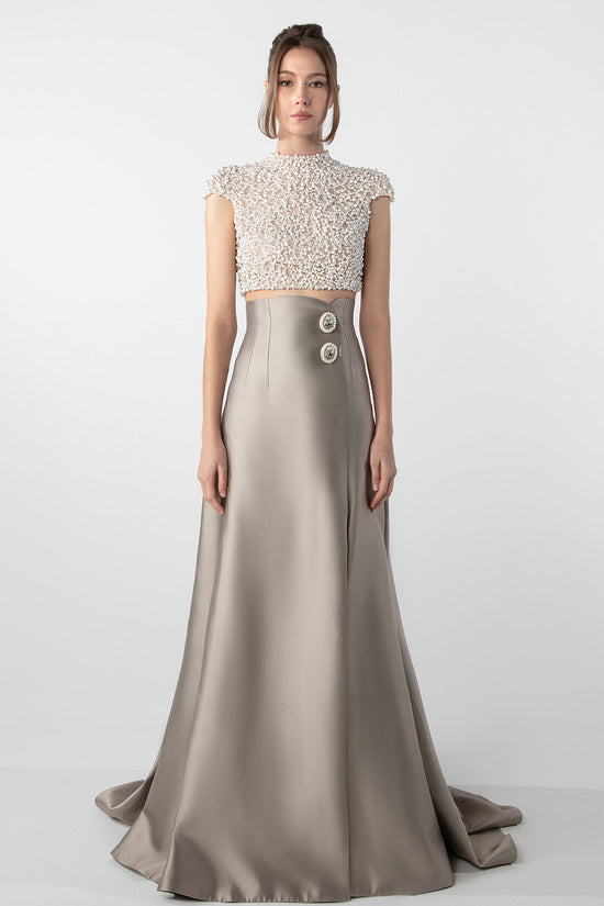 Hand-Embroidered Pearl Top and Mikado Skirt Set
