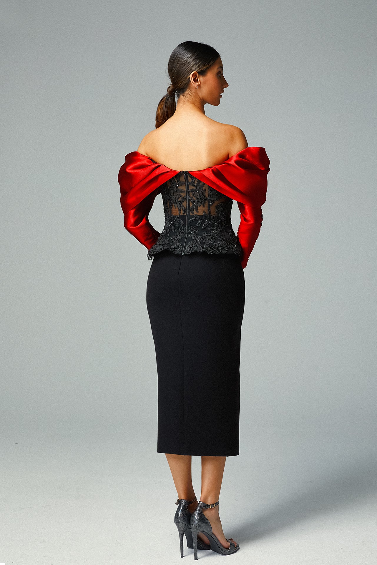 Off-shoulder Embroidered Floral Corset & Crimson Cady Draped Wing & Crêpe Column Midi Skirt