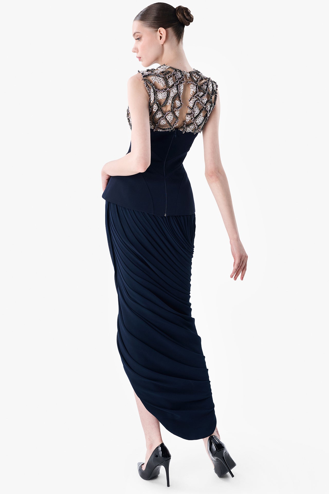 Embroidered Illusion Top with Draped Chiffon Skirt