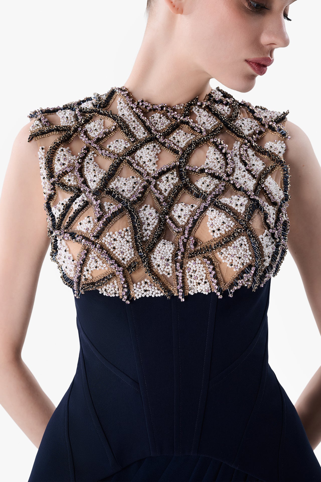 Embroidered Illusion Top with Crepe Skirt