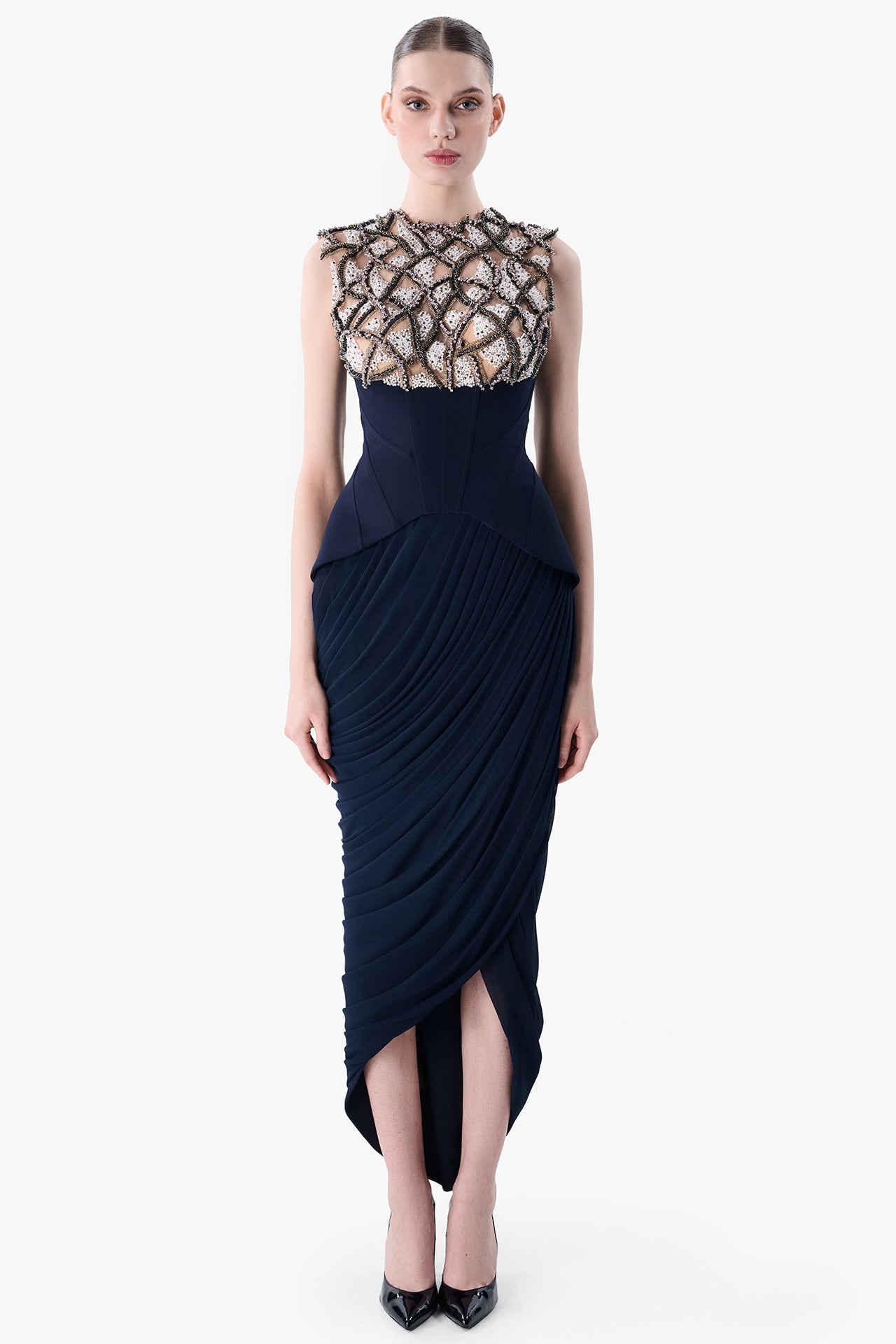 Embroidered Illusion Top with Draped Chiffon Skirt
