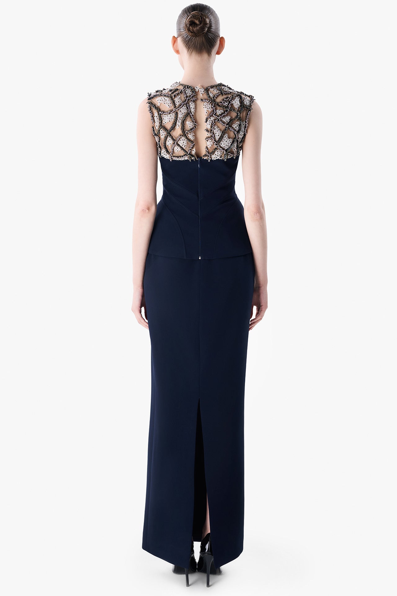 Embroidered Illusion Top with Crepe Skirt