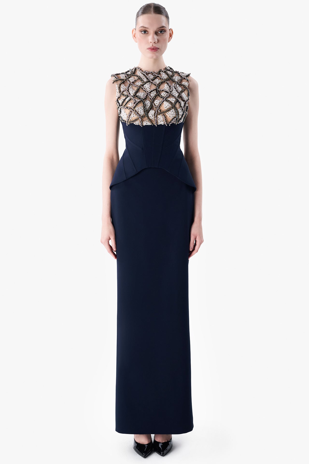 Embroidered Illusion Top with Crepe Skirt