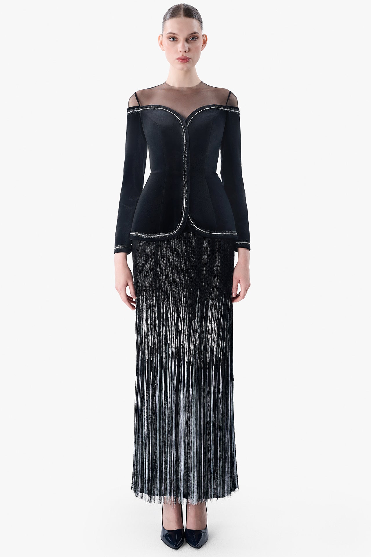 Velvet Top with Beaded Fringe Skirt