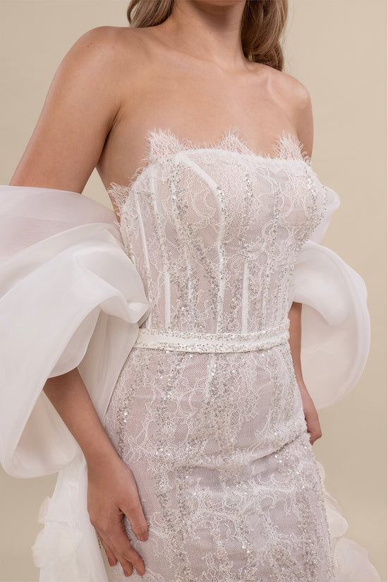 Strapless Corset Wedding Dress with Detachable Puff Sleeves