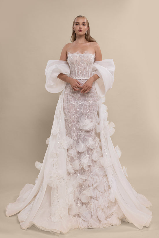 Strapless Corset Wedding Dress with Detachable Puff Sleeves