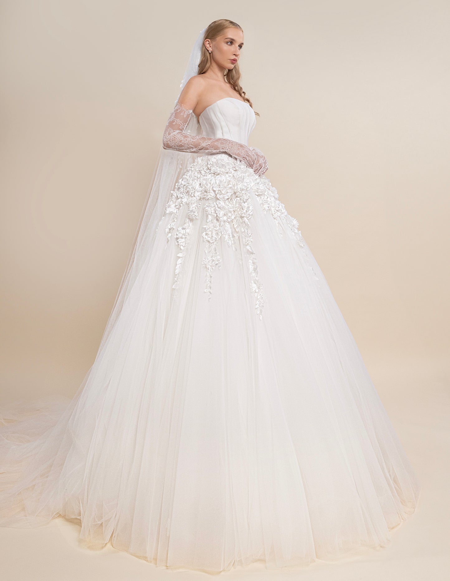 Strapless Bridal Gown with 3D Floral Appliques and Chapel Train