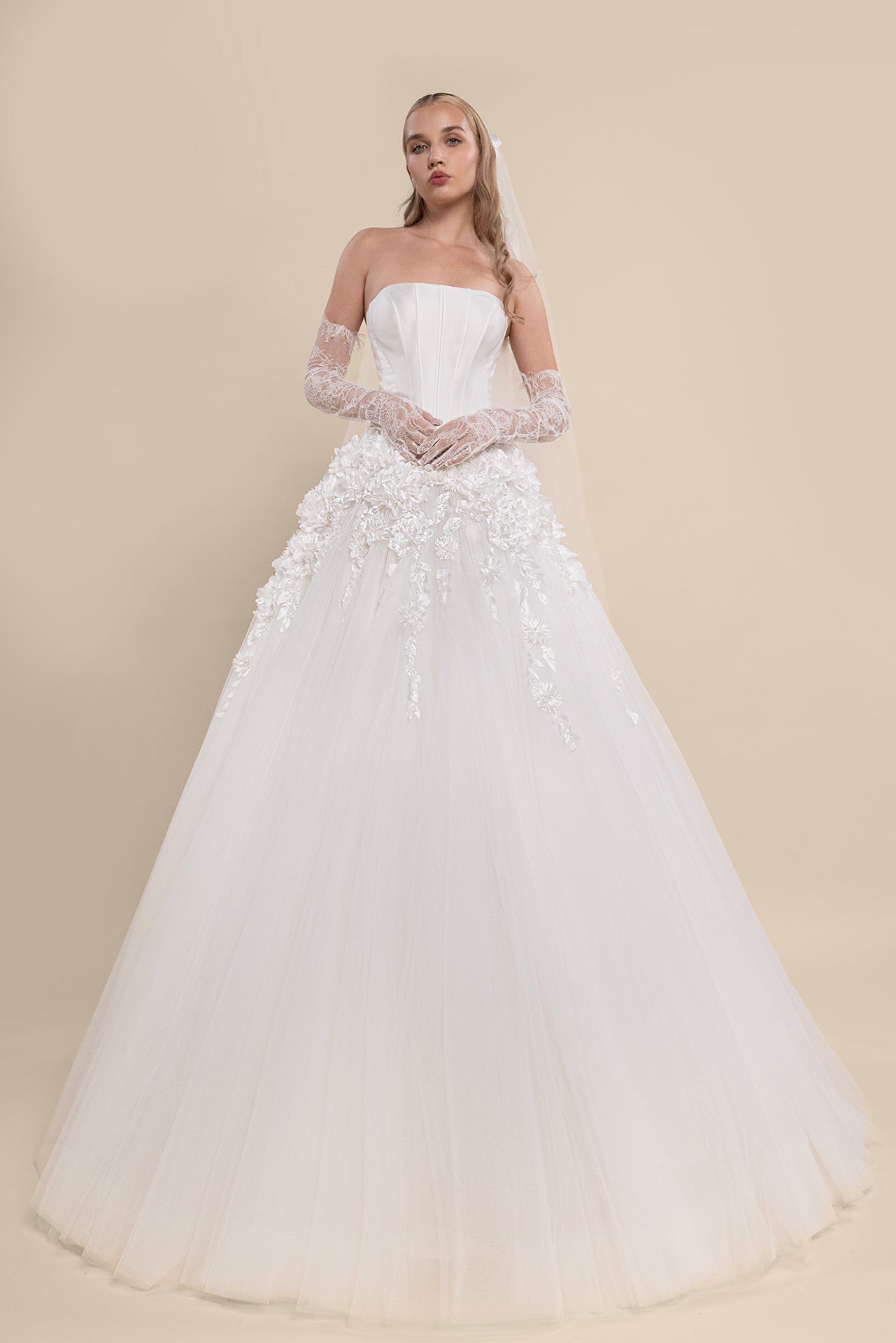 Strapless Bridal Gown with 3D Floral Appliques and Chapel Train