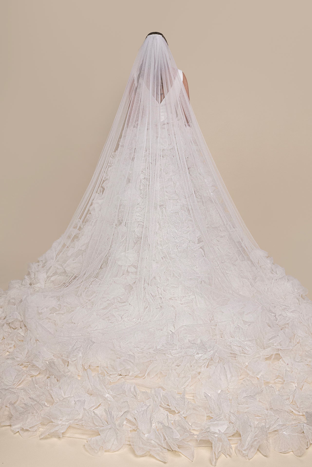 Floral Layered Bridal Gown with Side Slit and Matching Cathedral Veil