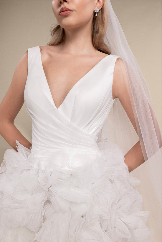 Floral Layered Bridal Gown with Side Slit and Matching Cathedral Veil