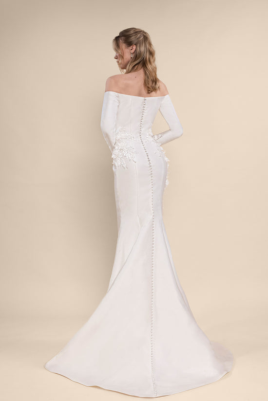 Off-Shoulder Mermaid Bridal Gown with Sheer Mesh Insert and Chapel-Length Veil