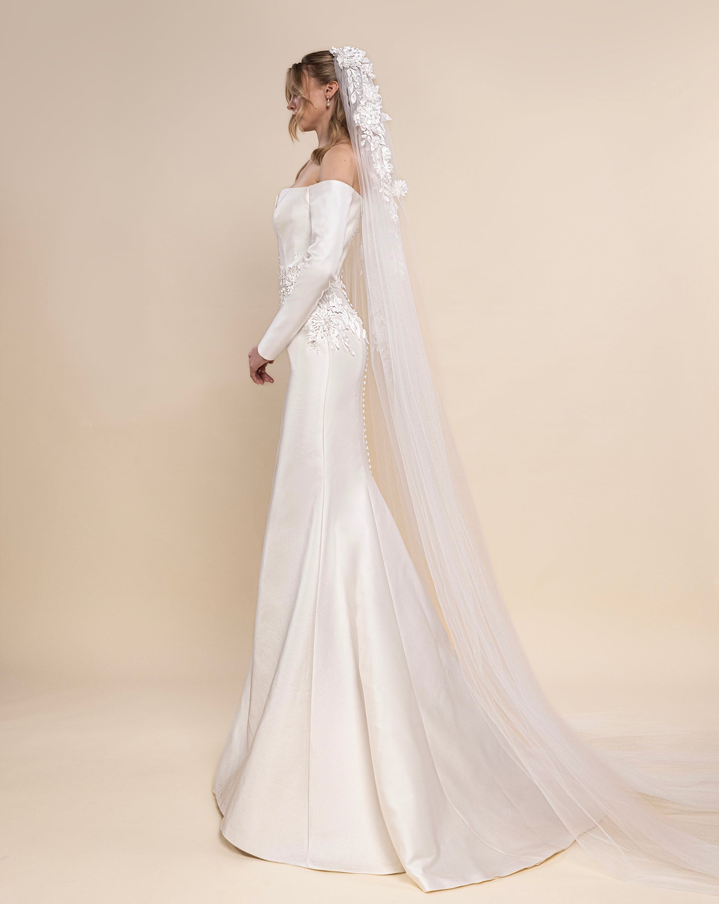 Off-Shoulder Mermaid Bridal Gown with Sheer Mesh Insert and Chapel-Length Veil