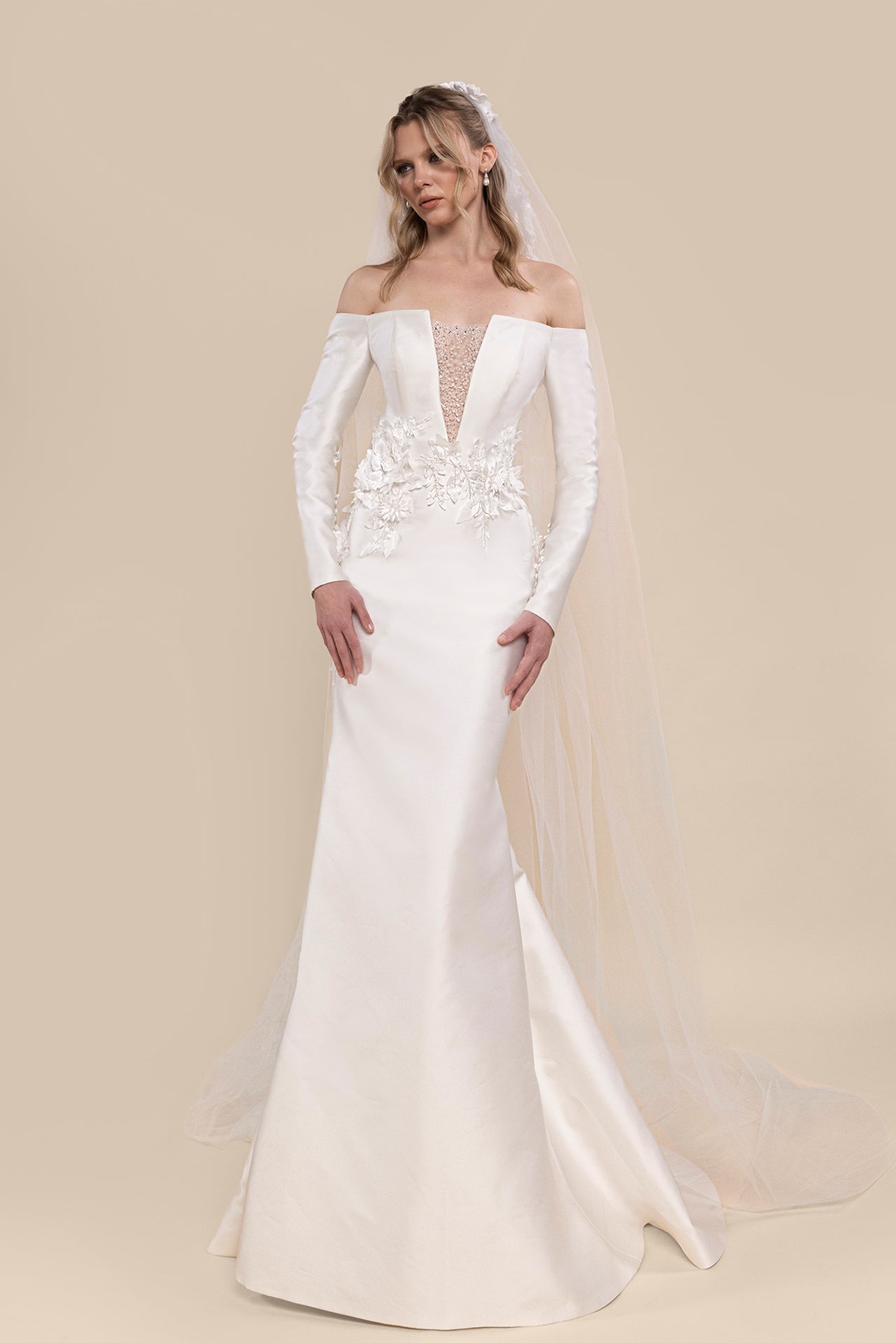 Off-Shoulder Mermaid Bridal Gown with Sheer Mesh Insert and Chapel-Length Veil