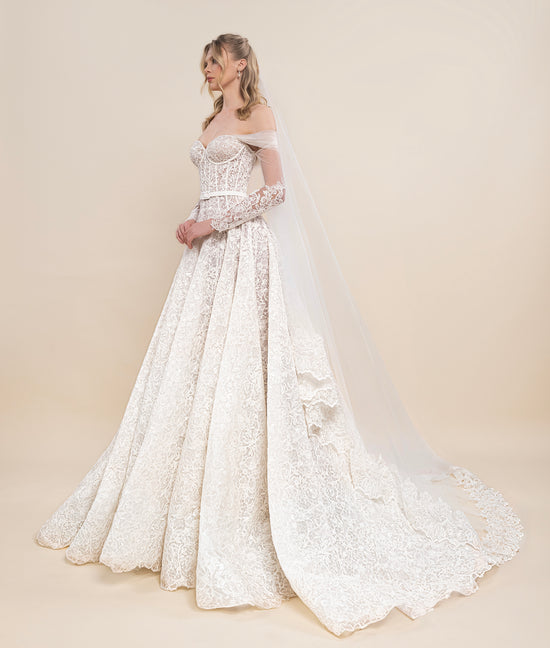 Sweetheart Corset Bridal Gown with Off-Shoulder Sleeves and Chapel Train