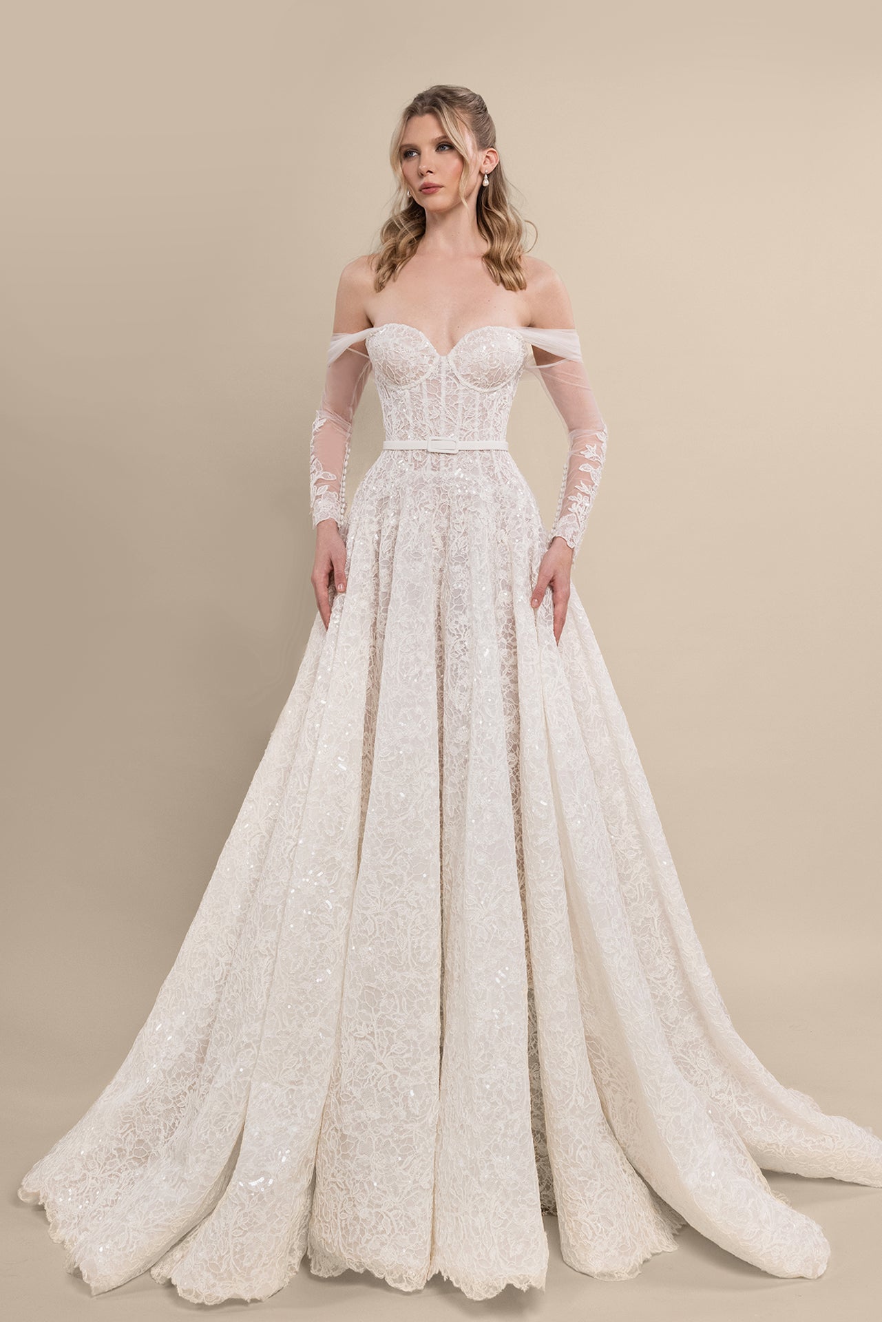 Sweetheart Corset Bridal Gown with Off-Shoulder Sleeves and Chapel Train