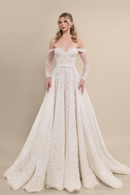 Sweetheart Corset Bridal Gown with Off-Shoulder Sleeves and Chapel Train