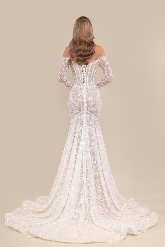 Off-Shoulder Fit-and-Flare Bridal Gown with Chapel Train and Cathedral Veil