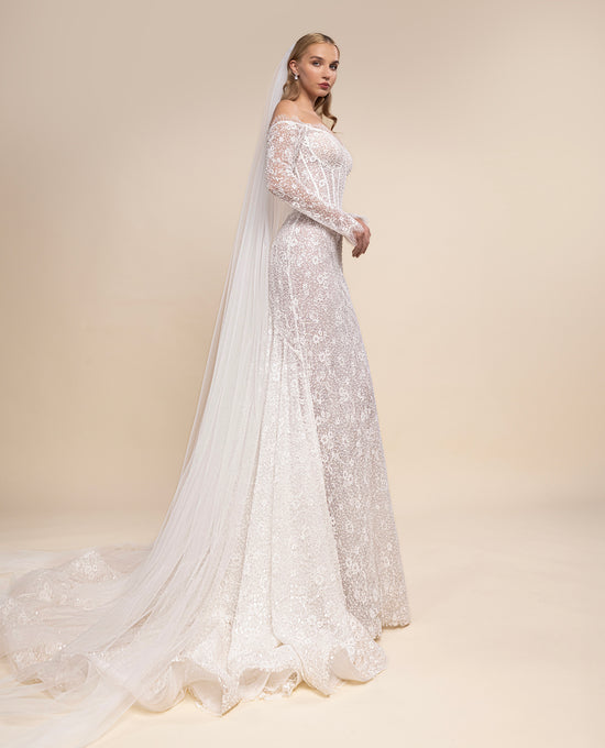 Off-Shoulder Fit-and-Flare Bridal Gown with Chapel Train and Cathedral Veil