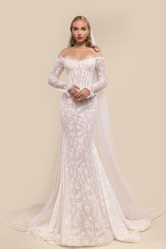 Off-Shoulder Fit-and-Flare Bridal Gown with Chapel Train and Cathedral Gattinolli by Marwan Off-Shoulder Fit-and-Flare Bridal Gown with Chapel Train and Cathedral Gattinolli by Marwan