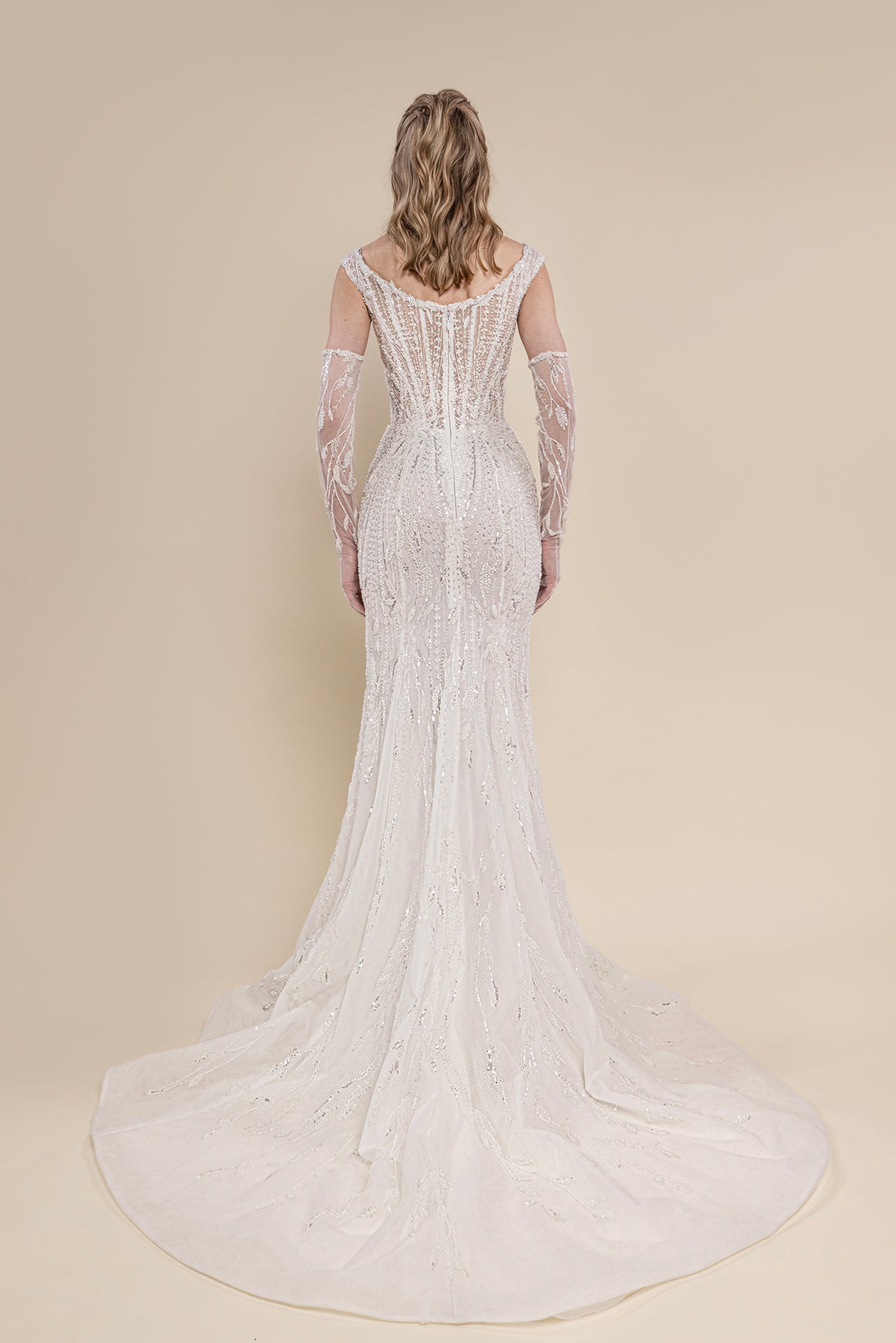 Plunging V-Neck Mermaid Bridal Gown with Beaded Mesh Sleeves and Chapel Train