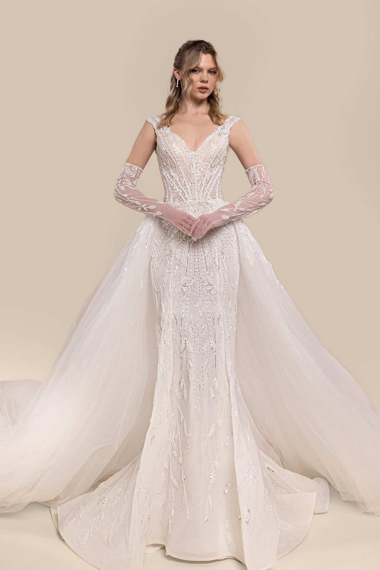 Plunging V-Neck Mermaid Bridal Gown with Detachable Overskirt and Cathedral Veil