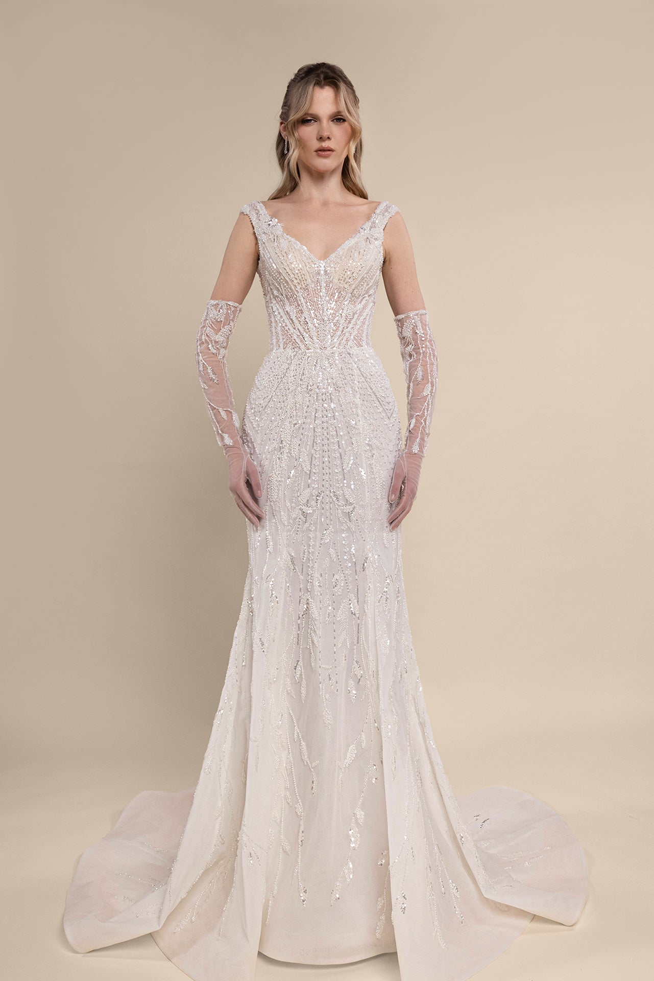 Plunging V-Neck Mermaid Bridal Gown with Detachable Overskirt and Cathedral Veil