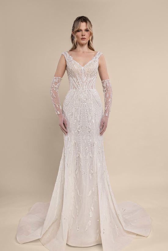 Plunging V-Neck Mermaid Bridal Gown with Beaded Mesh Sleeves and Chapel Train