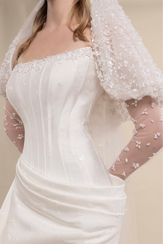 Strapless Corset Wedding Dress with Detachable Embroidered Sleeves