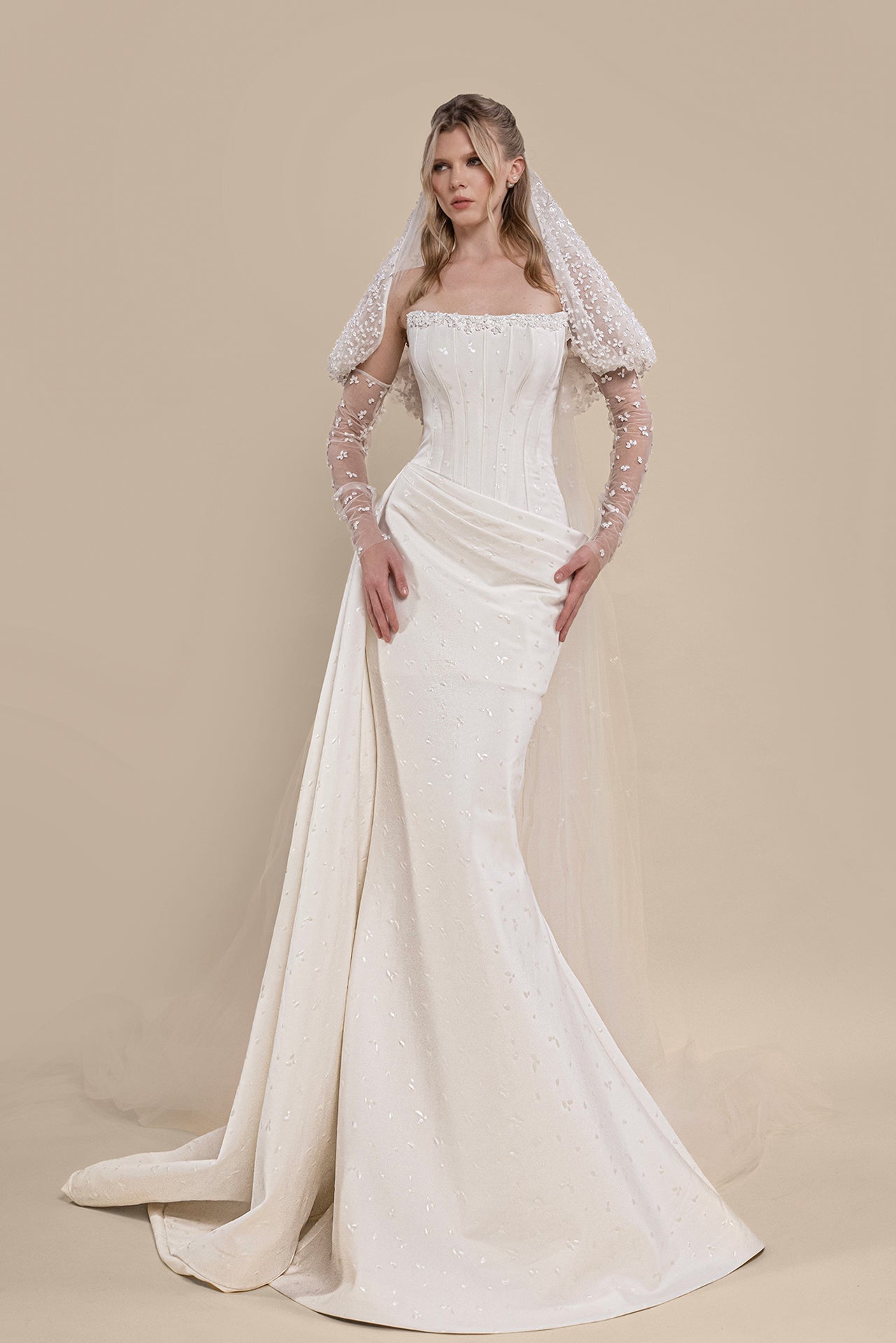 Strapless Corset Wedding Dress with Detachable Embroidered Sleeves