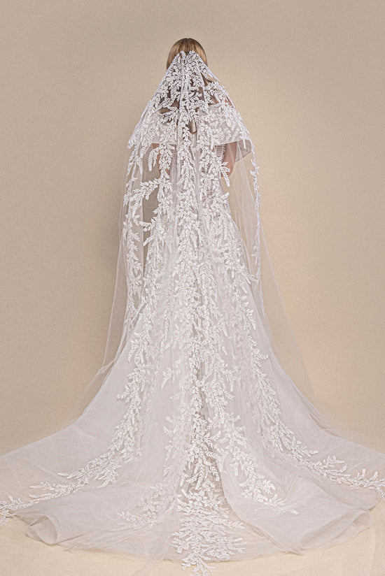 Off-Shoulder Corset Bridal Gown with Floral Lace and Cathedral Veil