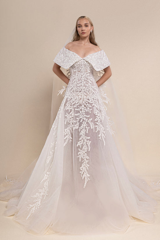 Off-Shoulder Corset Bridal Gown with Floral Lace and Cathedral Veil