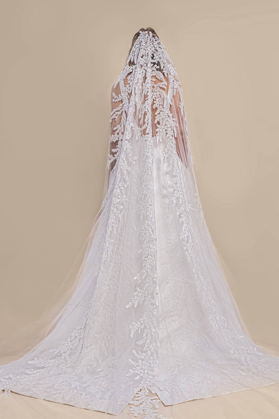 Embroidered Bridal Gown with Detachable Overskirt and Cathedral Veil