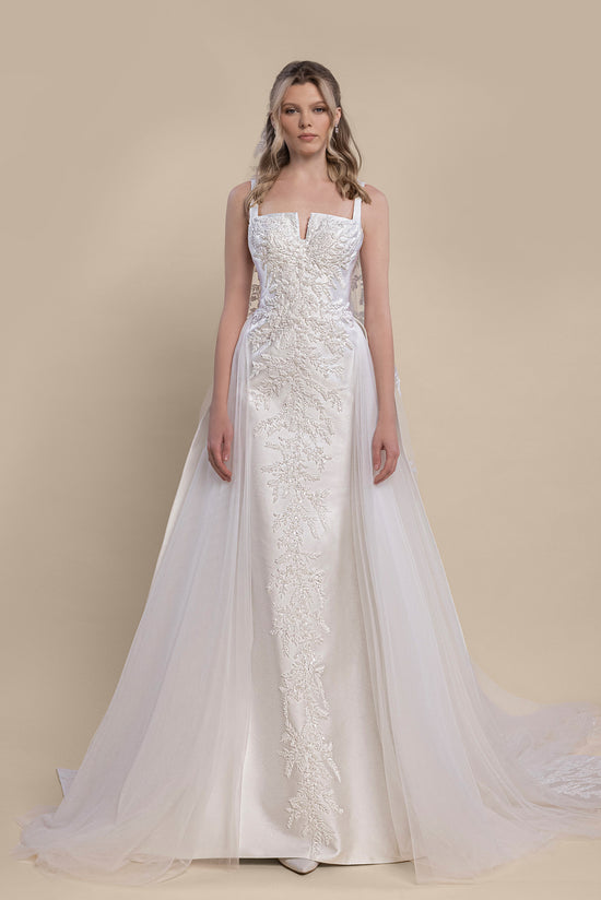 Embroidered Bridal Gown with Detachable Overskirt and Cathedral Veil