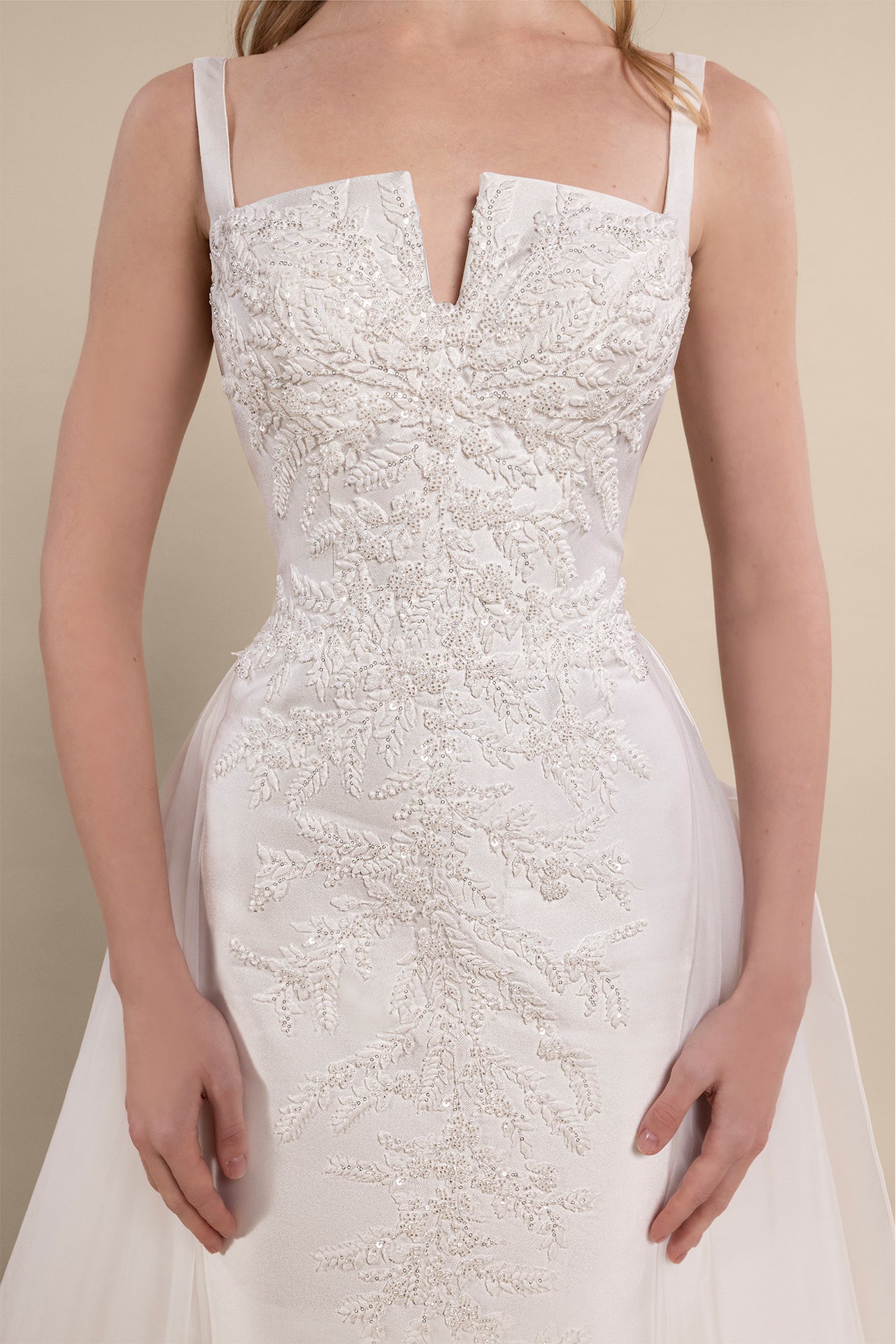 Embroidered Bridal Gown with Detachable Overskirt and Cathedral Veil