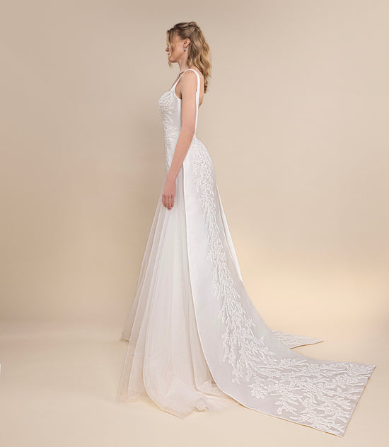 Embroidered Bridal Gown with Detachable Overskirt and Cathedral Veil