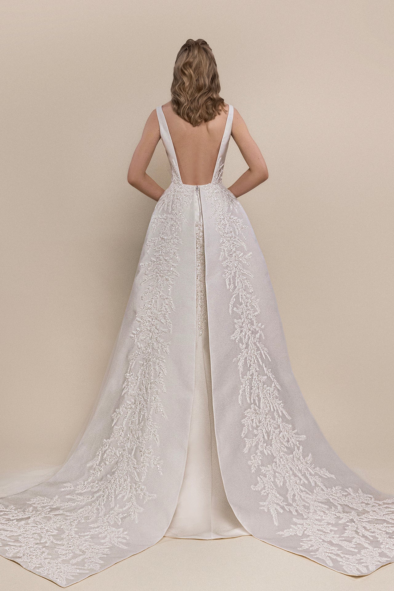 Embroidered Bridal Gown with Detachable Overskirt and Cathedral Veil